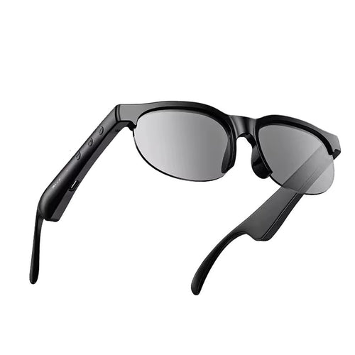 SonicShades Bluetooth audio sunglasses with open-ear speakers, black frame, side view on white background