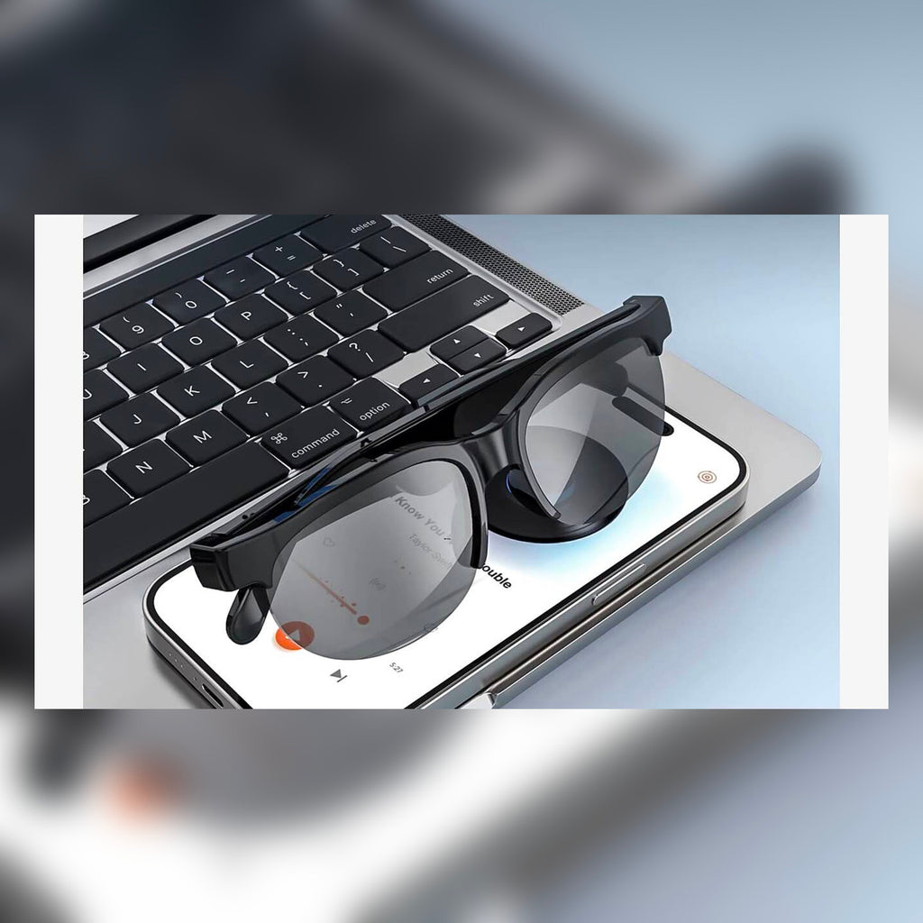 SonicShades Bluetooth sunglasses paired with smartphone and laptop