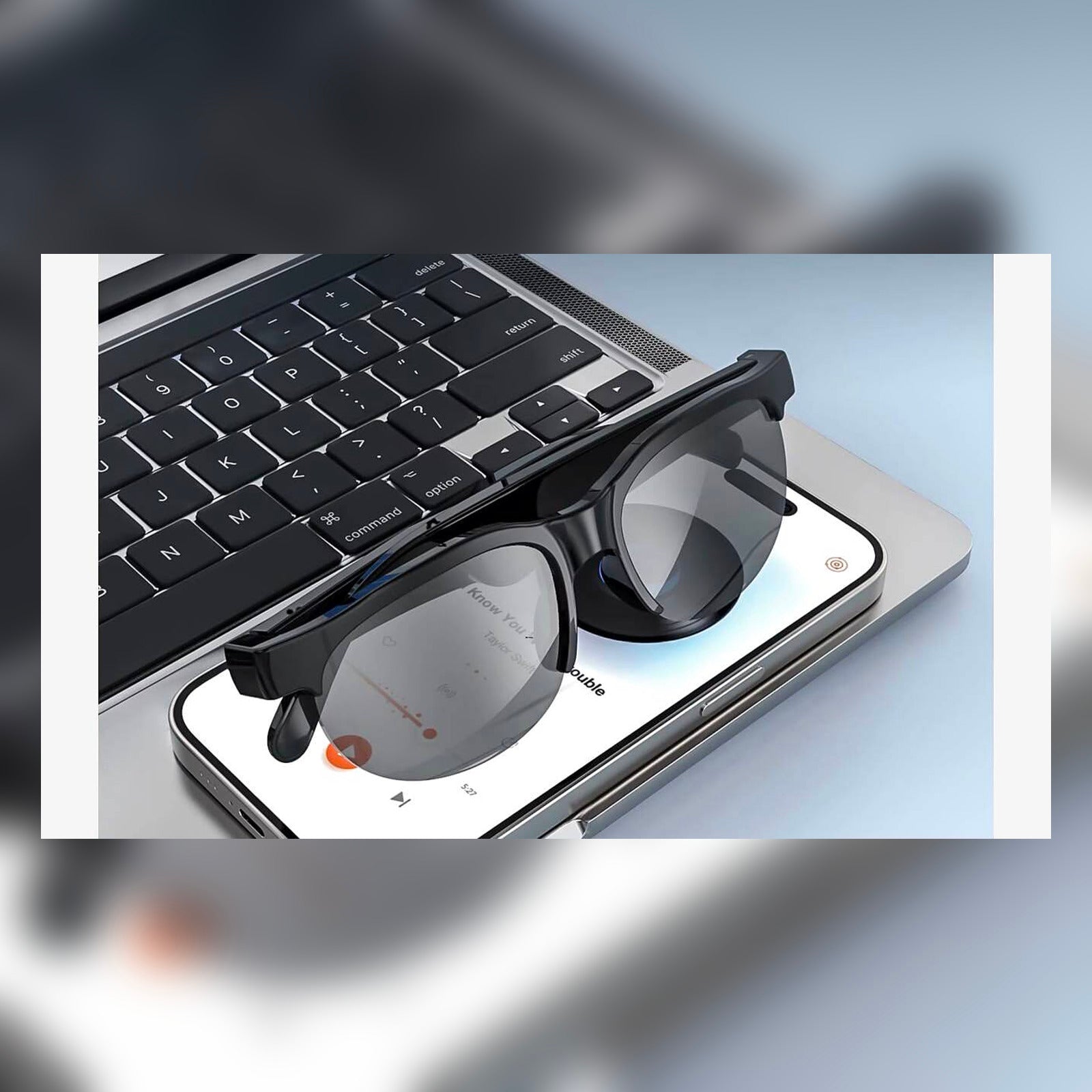 SonicShades Bluetooth sunglasses paired with smartphone and laptop